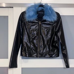 Black faux fur collared moto jacket